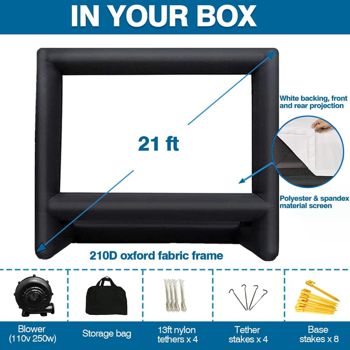 21 Feet Inflatable Outdoor Projector Movie Screen - Package with Rope, Blower + Tent Stakes - Great for Outdoor Backyard Pool Fun (21 Feet)