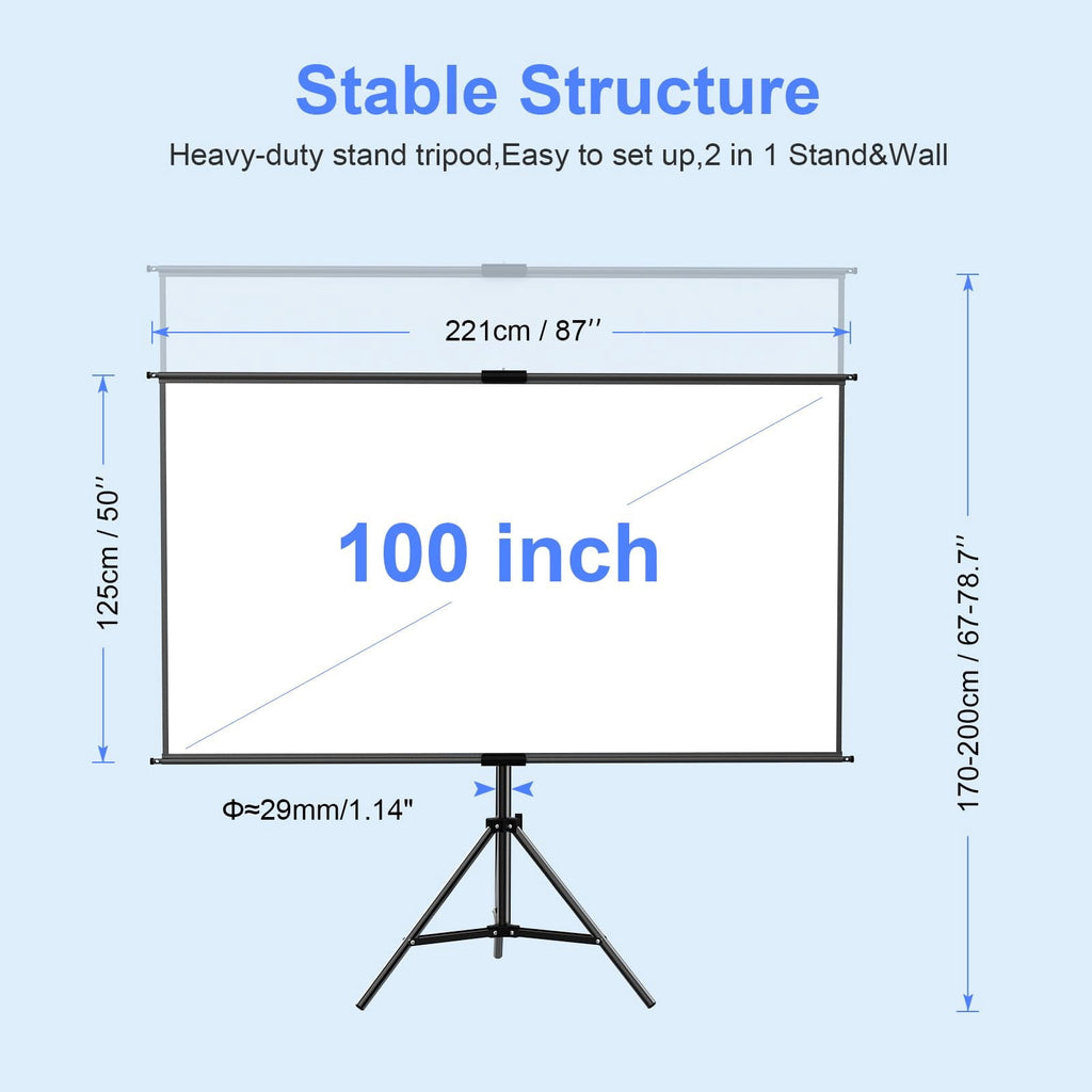 Toot shadow Portable Projector Screen Stand Tripod 100 inch,Indoor Outdoor Projection Screen with Black-Backing,16:9 HD, for Indoor and Outdoor Use, Perfect for Home, Office and Presentations