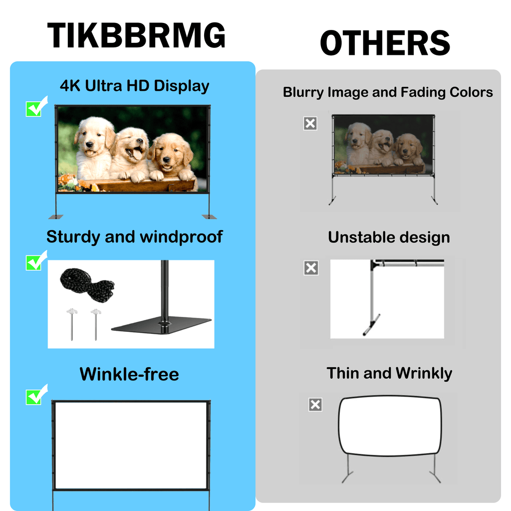 TIKBBRMG Projector Screen with Stand, 120inch Portable Outdoor Indoor Projection Screen, 16:9 4K HD Movie Screen with Carry Bag, Ropes and Ground Stakes for Backyard, Camping, Theater