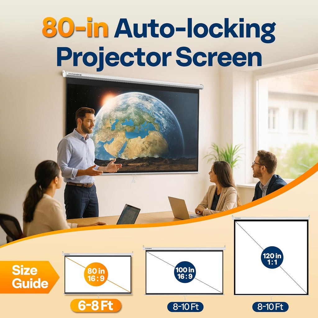SPECSTAR 80 inch Manual Pull Down Projector Screen, 16:9 HD Retractable Projector Screens with Auto Locking for Movie Home Theater Cinema Office Video Game, Black(70Wx40H Inch Display Area)