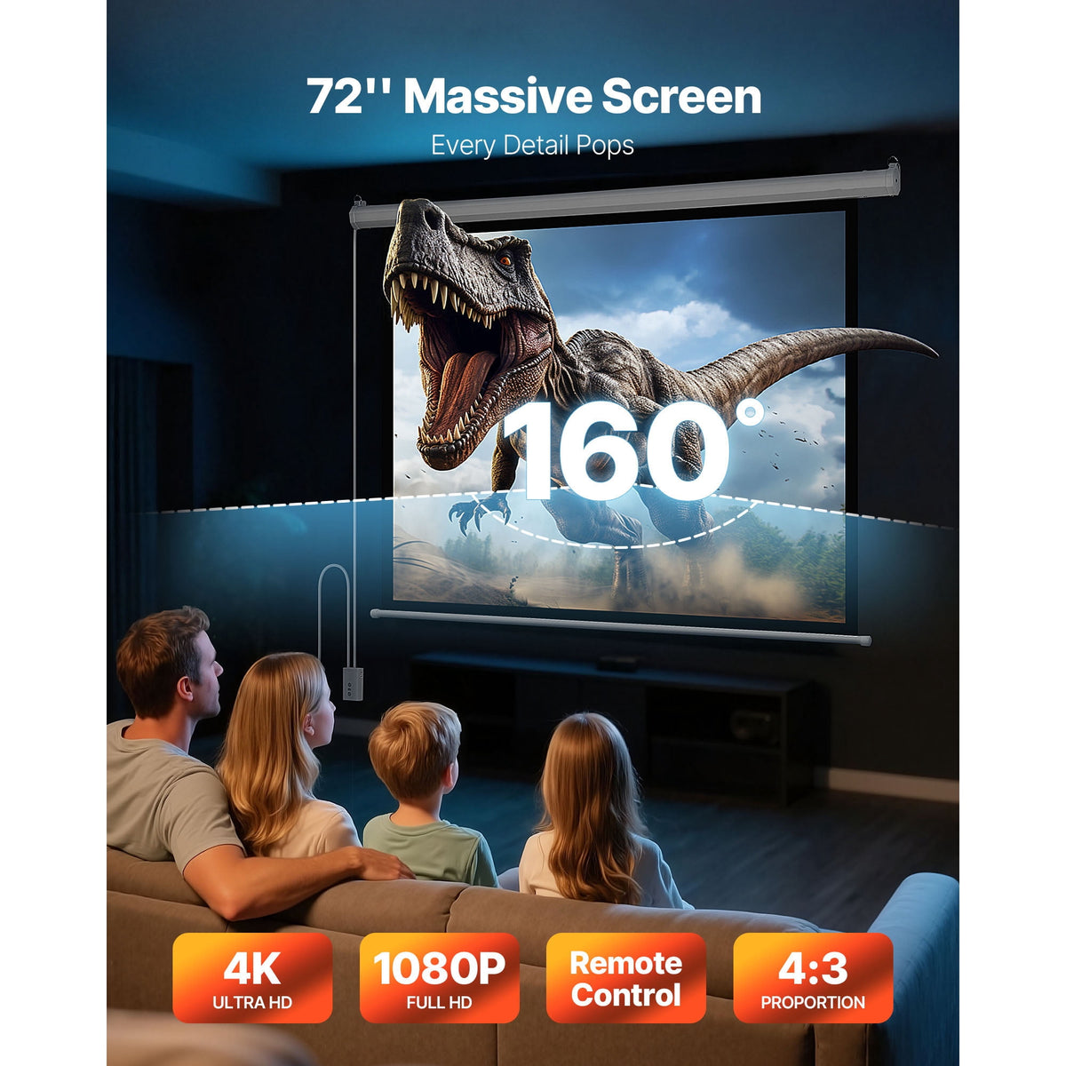 KFFKFF 72-Inch Motorized Projector Screen, 4:3 Aspect Ratio, 1080 HD Electric Projection Screen with Remote Control, Wall-Mounted Display for Home, Office, or Theater Use