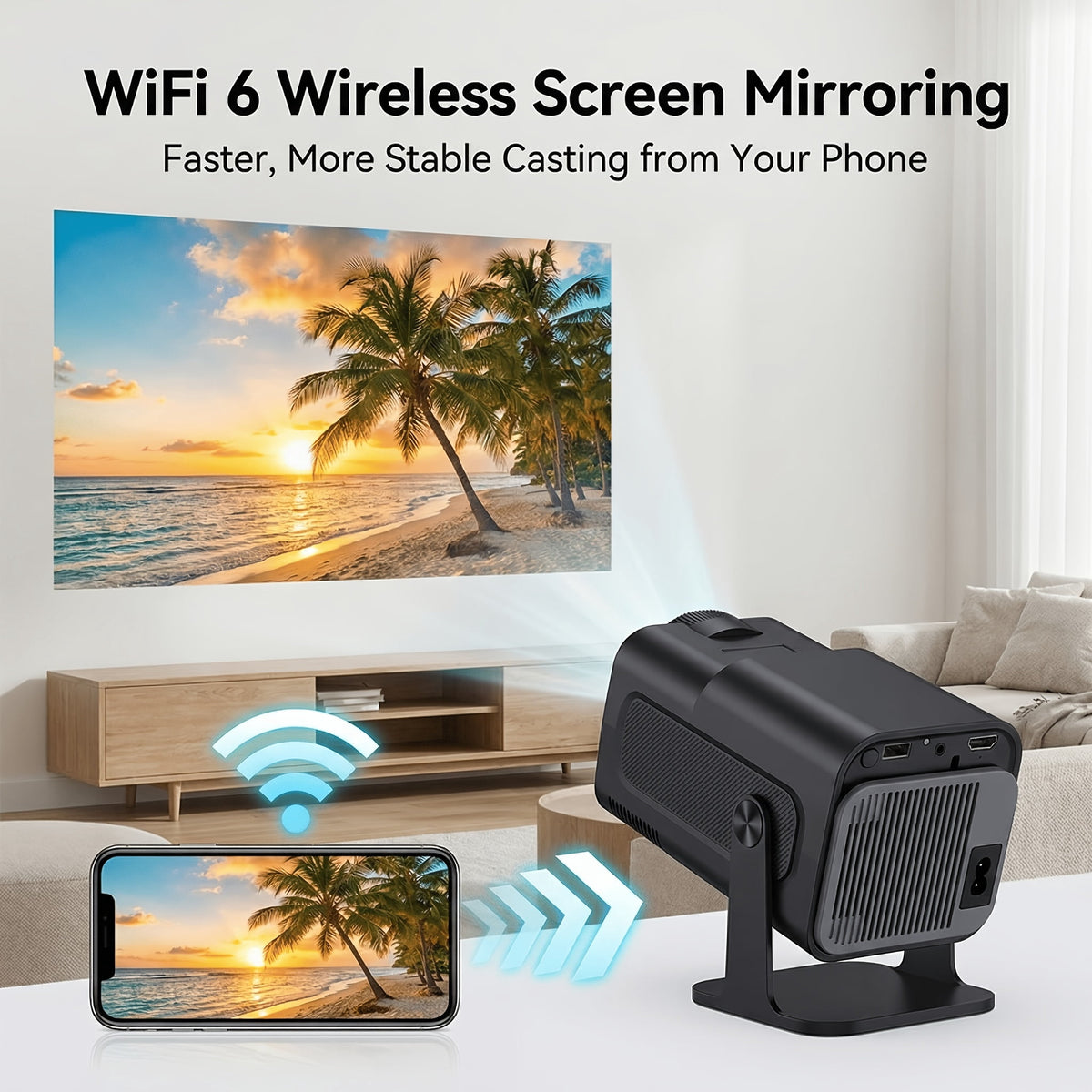 Portable Smart Projector Native 1080P with 4K Support, WiFi 6 & Bluetooth 5.4, Android 11, Wireless Screen Mirroring, USB/HD Connectivity, Auto Keystone, Outdoor Home Theater Gaming Projector