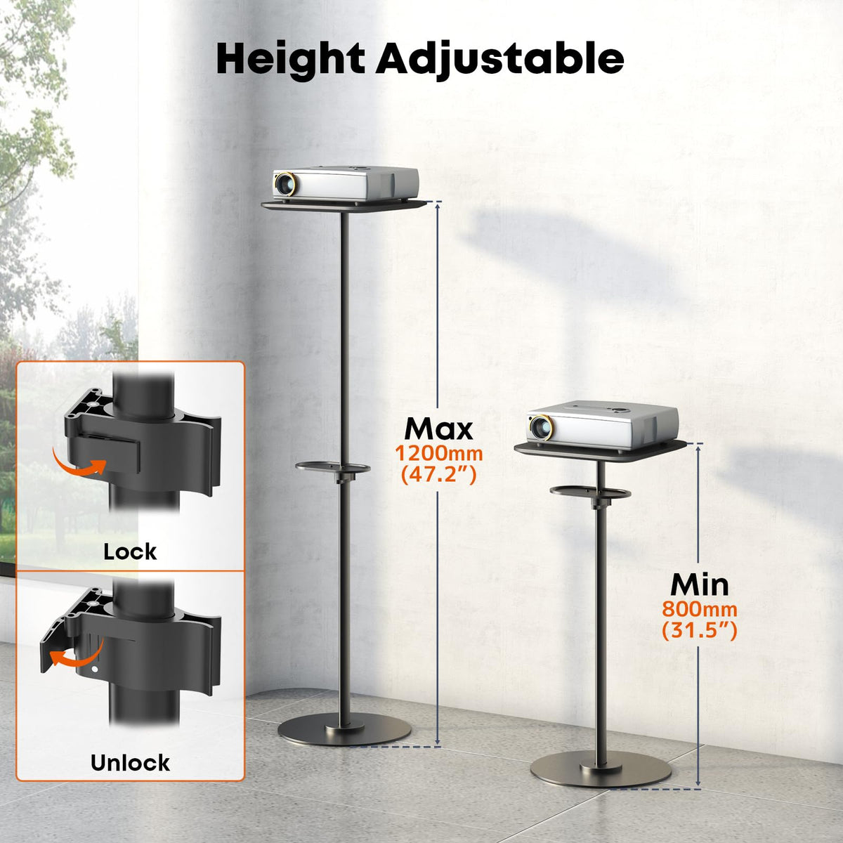 PUTORSEN Heavy-Duty Projector Stand – Height Adjustable Floor Projector Stand，Extends 27.6" to 47.2",13.2lbs Capacity, for Home, Office, and Outdoor Use