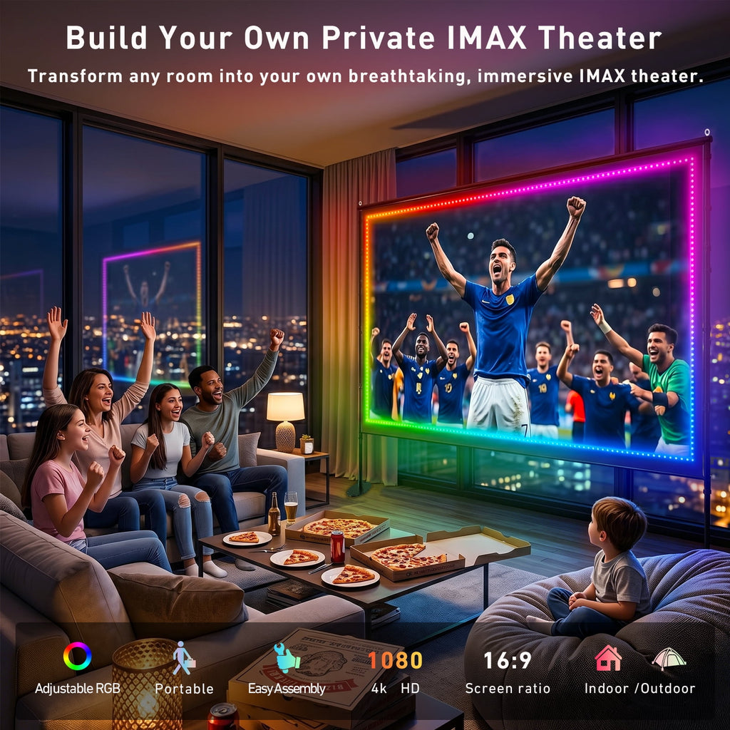 120 inch Outdoor Projection Screen with Stand, Smart RGB LED Strip Light, 4K 16:9 Wrinkle Wind Resistant Movie Screen, Foldable Portable Projector Screen for Backyard Camping Home Theater