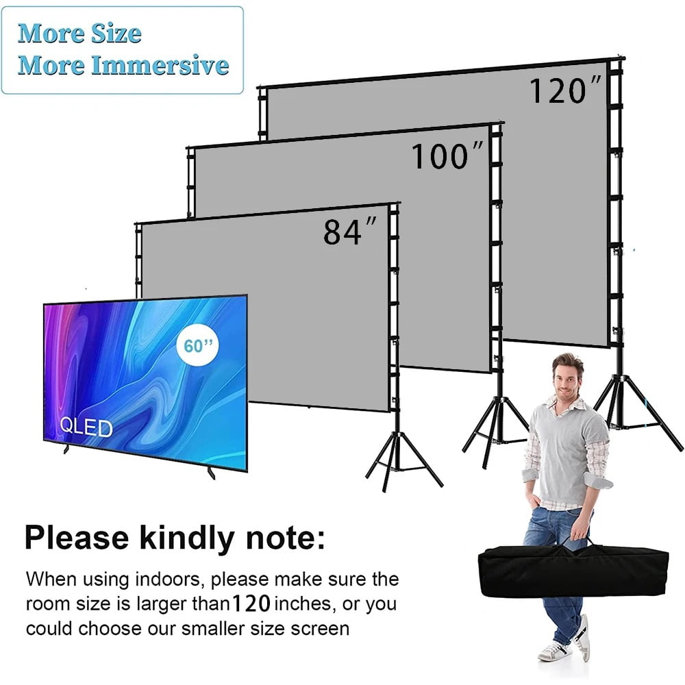 HVKDIEB Outdoor Projector Screen with Stand, 100 Inch Milk Silk Fabric with Black Backing, Double Tripod Movie Screen with Carry Bag for Backyard Home Theater