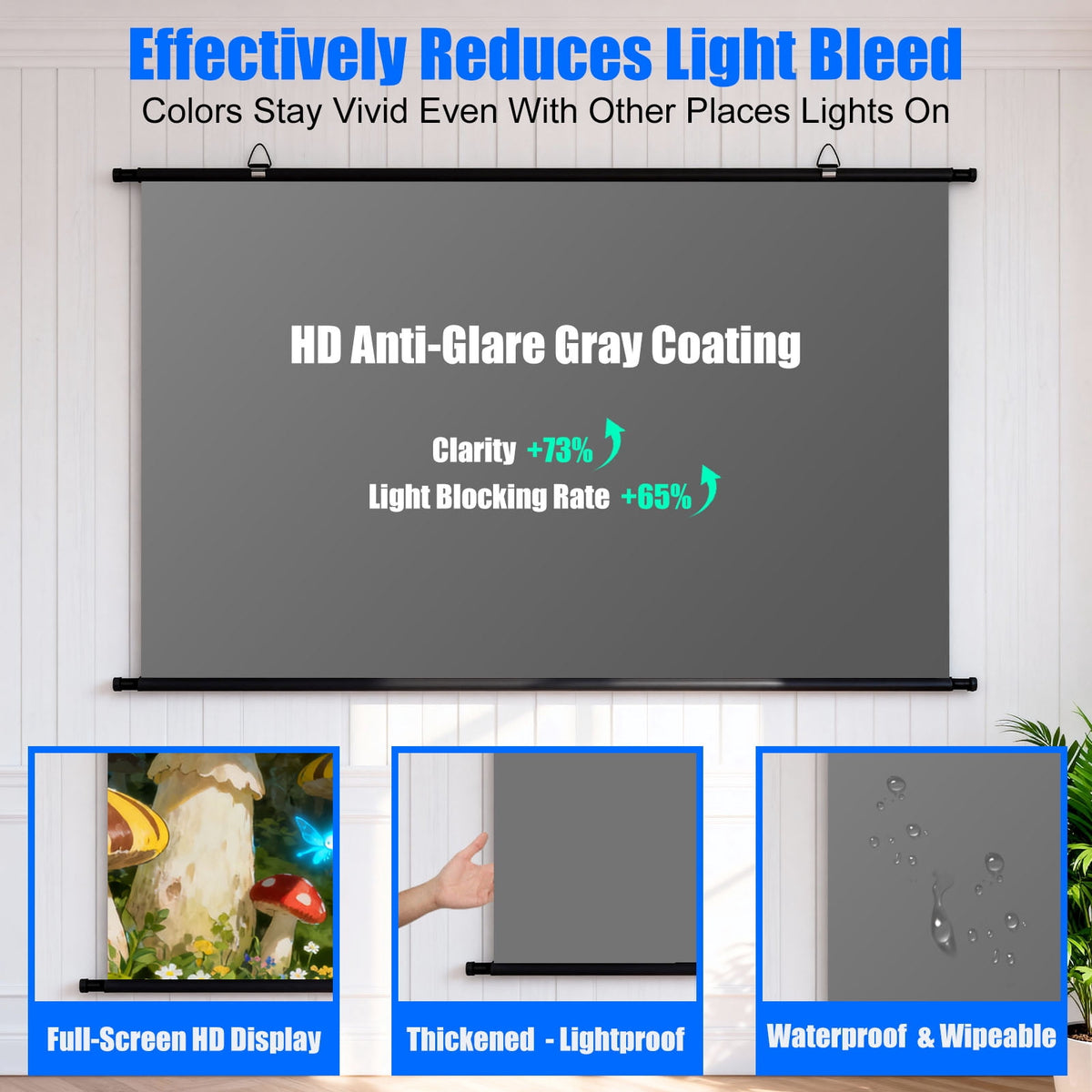 XIAOHUI 100 inch Projector Screen, Portable Movie Projector Screen for Outdoor Indoor with 3 pcs Adhesive Hook, 4K Hanging Projection Screen for Room Wall, No Drilling, Anti-Glare Coating , 16:9 HD