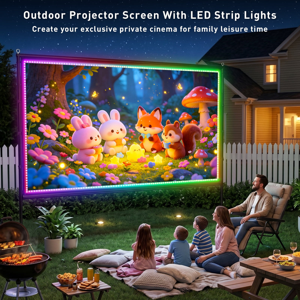 120 inch Outdoor Projection Screen with Stand, Smart RGB LED Strip Light, 4K 16:9 Wrinkle Wind Resistant Movie Screen, Foldable Portable Projector Screen for Backyard Camping Home Theater