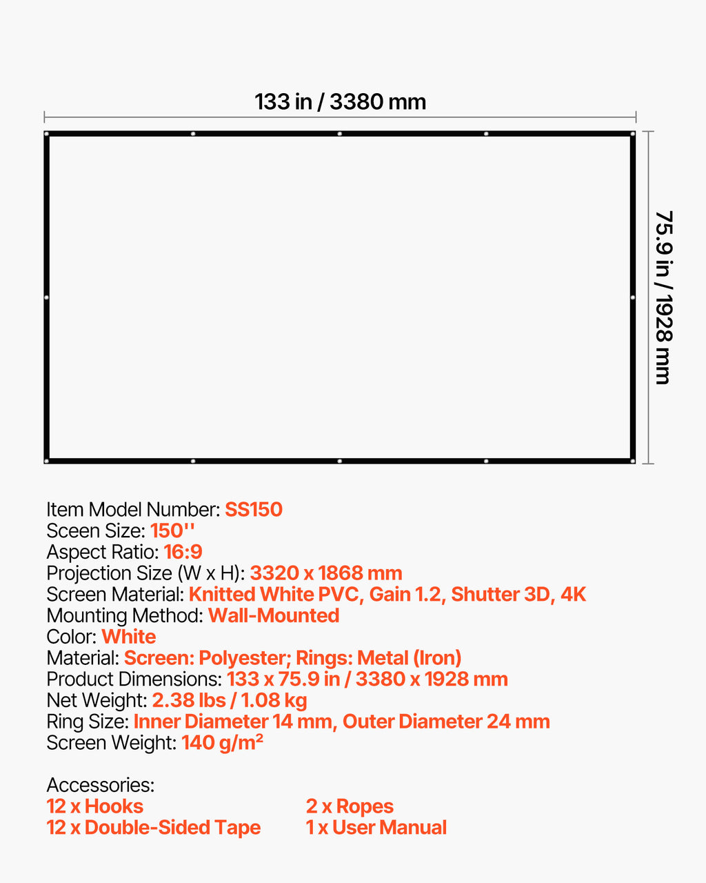 VEVOR Projector Screen, 120 inch 16:9 4K 1080 HD Projection Screen, Wall Mounted Projection Dispaly Projector with 8 Hooks and Double-Sided Tapes, Portable Moive Canvas for Family Home Office Theater