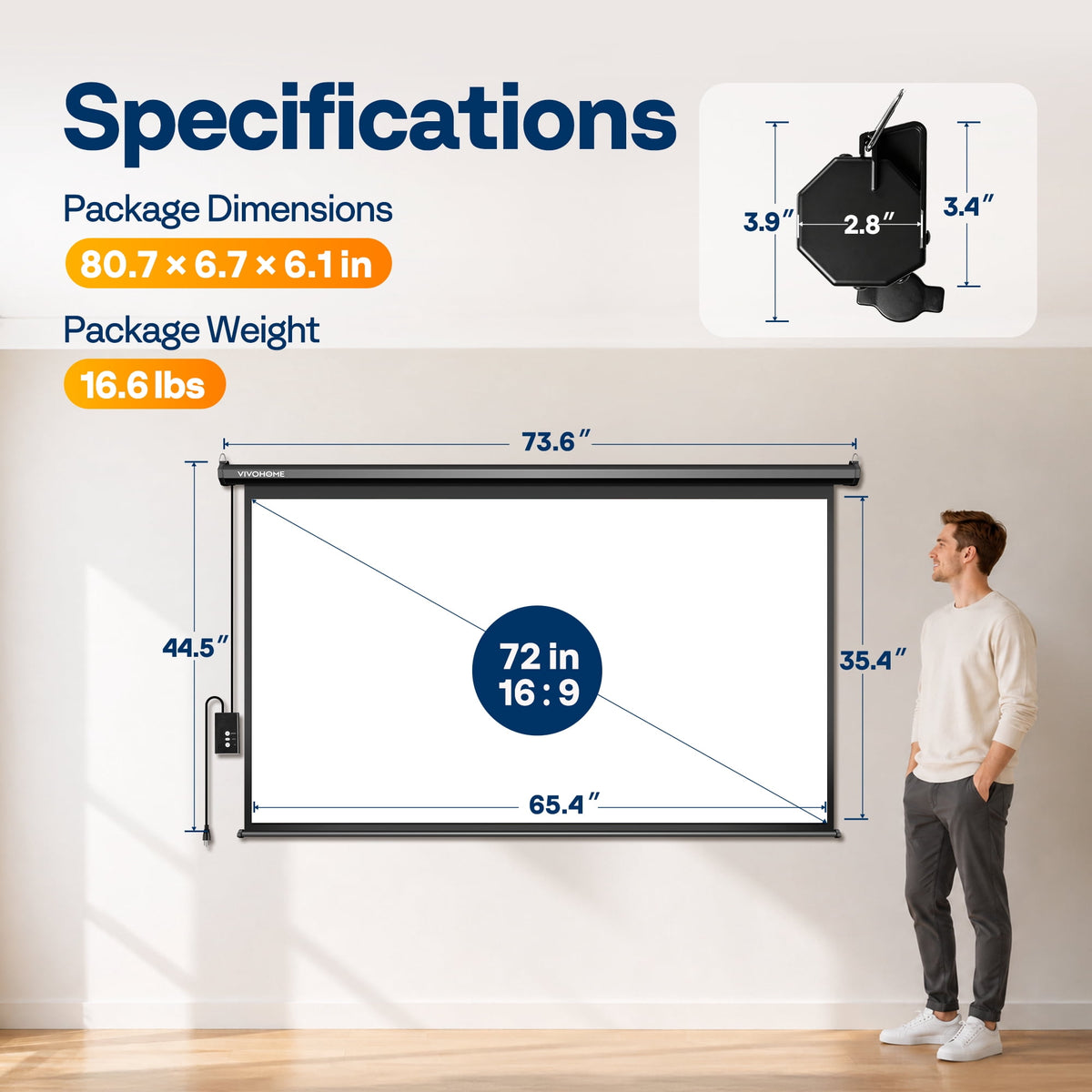 SPECSTAR Motorized Projector Screen with Remote, 16:9 84 Inch Auto Electric Projection Screen, HD 4K Movie Screen for Home Theater, Cinema, Office (73 x 41 Black)