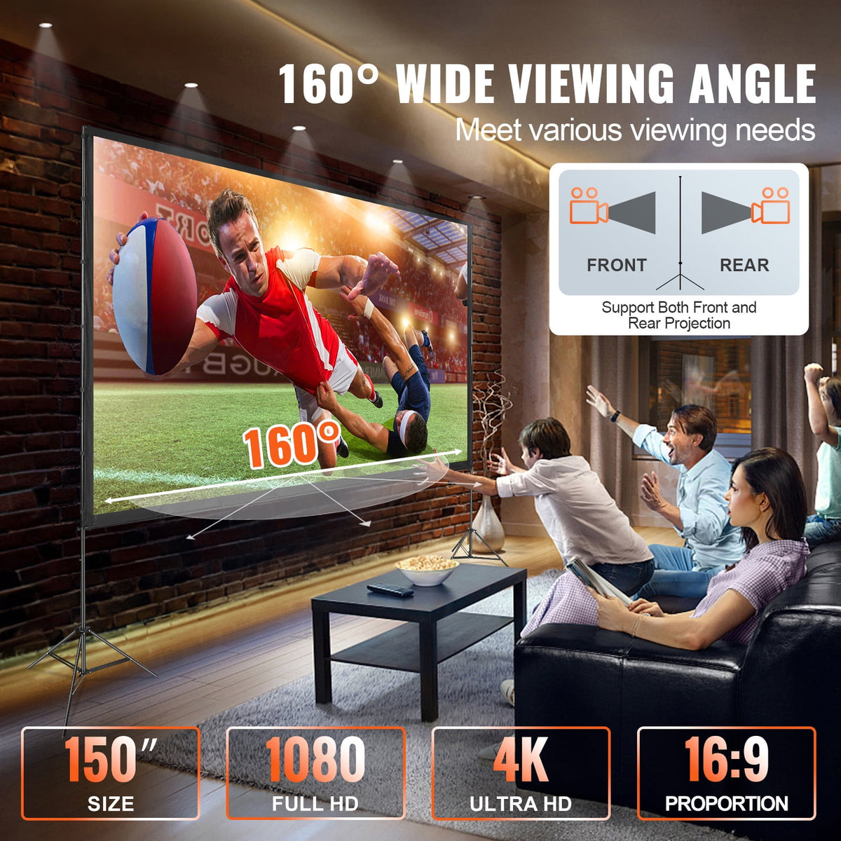SKYSHALO 150" Projector Screen, 4K Portable Movie Screen, HD, 16:9, Perfect for Home Theater, Outdoor, Indoor