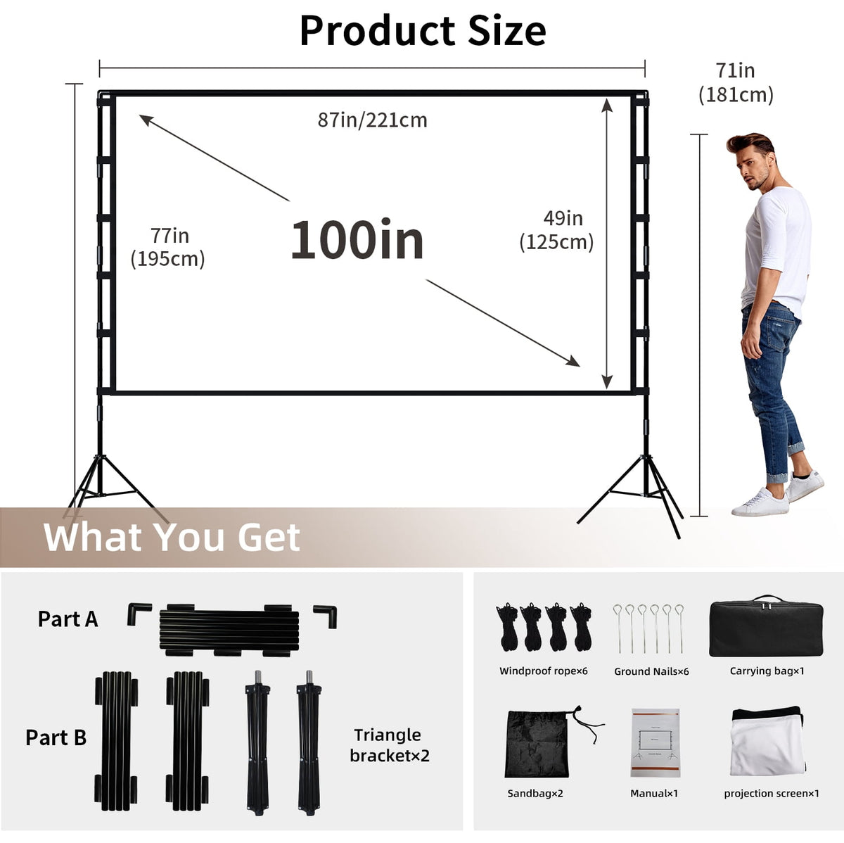 Outdoor Projector Screen with Stand, 100 Inch Portable Foldable HD Movie Screen Double Sided Wrinkle-Free Projection Screen with Carry Bag for Backyard Night