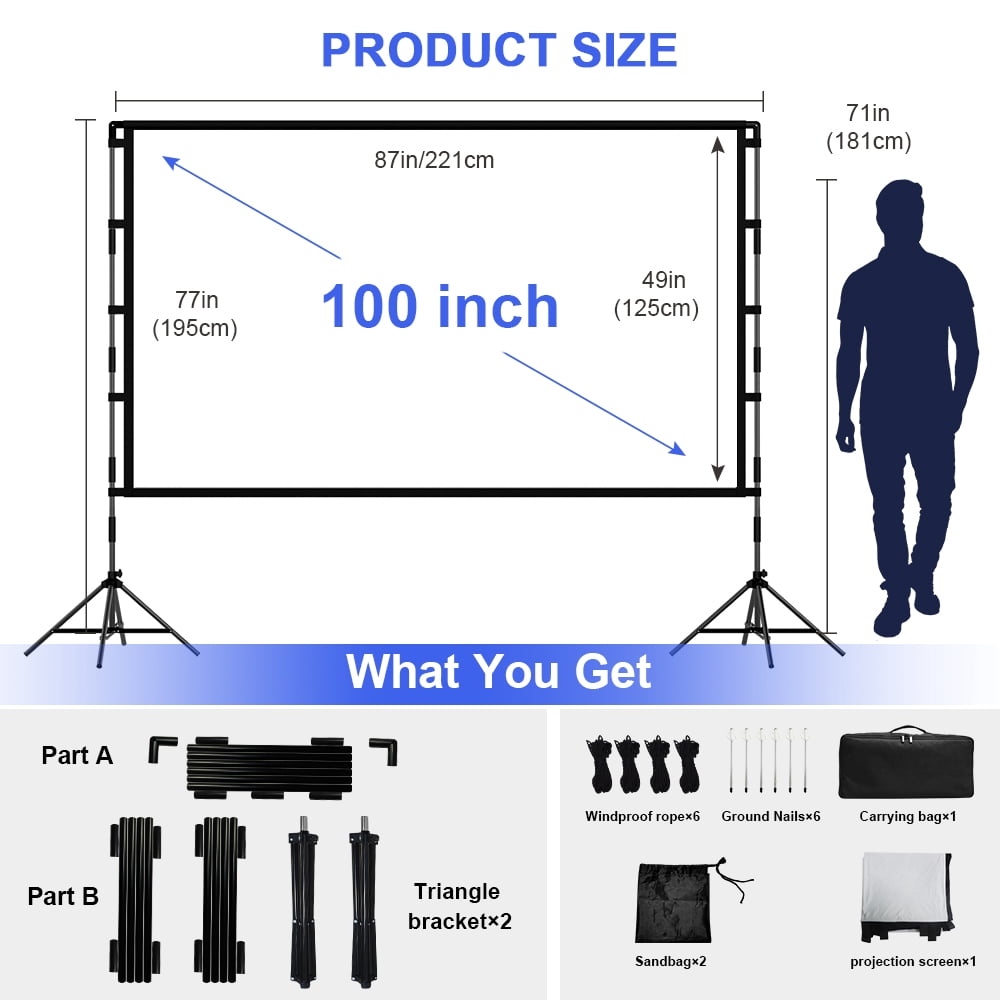 GAINVANE 120 inch Projector Screen with Stand,16:9 HD 4K Indoor Outdoor, Free Standing, Foldable Portable Projection Movie Screens
