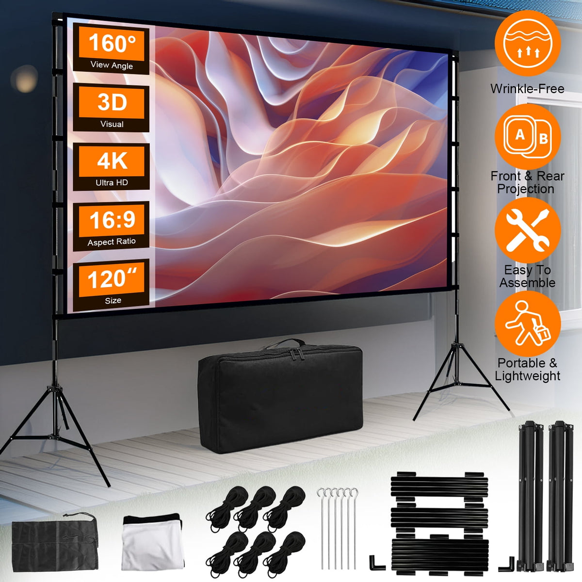 100" Portable Projector Screen with Stand 16:9 4K HD Rear Front Wrinkle-Free Movie Projector Screen with Carry Bag for Home Theater Backyard Movie Night Indoor Outdoor