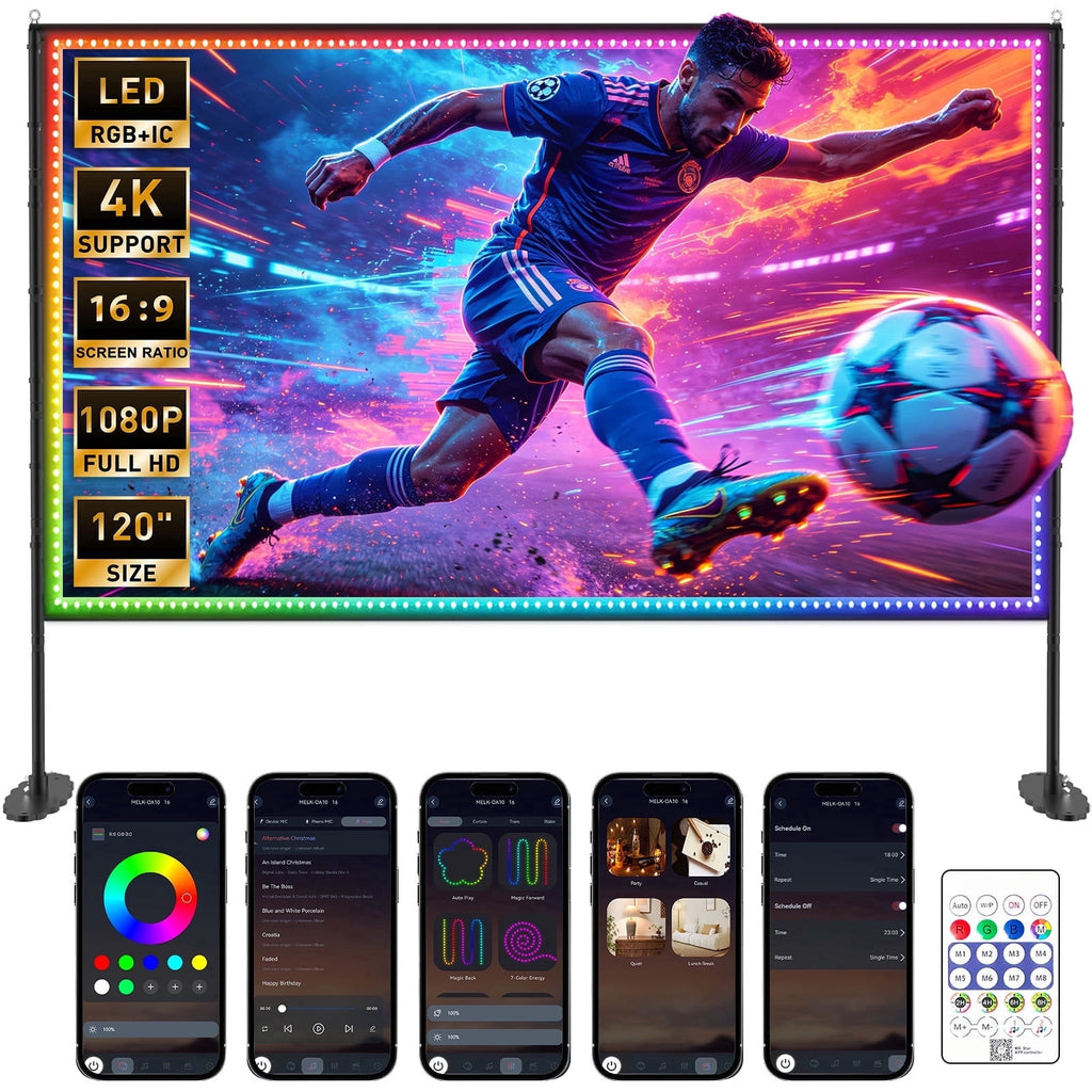 120 inch Outdoor Projection Screen with Stand, Smart RGB LED Strip Light, 4K 16:9 Wrinkle Wind Resistant Movie Screen, Foldable Portable Projector Screen for Backyard Camping Home Theater