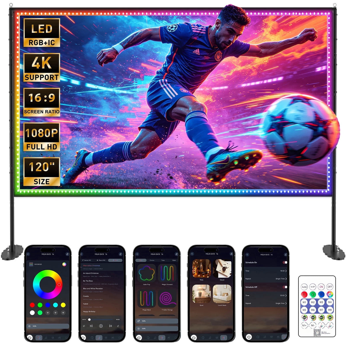 120 inch Outdoor Projection Screen with Stand, Smart RGB LED Strip Light, 4K 16:9 Wrinkle Wind Resistant Movie Screen, Foldable Portable Projector Screen for Backyard Camping Home Theater