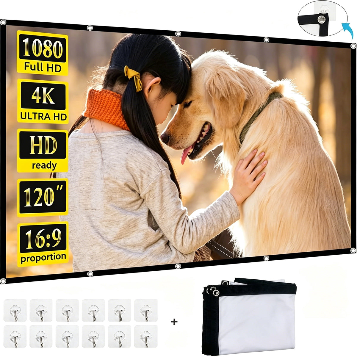 Izrizr 120 inch Projector Screen 16:9, 4K HD Indoor Outdoor Wall Mount Foldable Portable Movie Screens, Anti-Crease Projection Screen for Home Theater