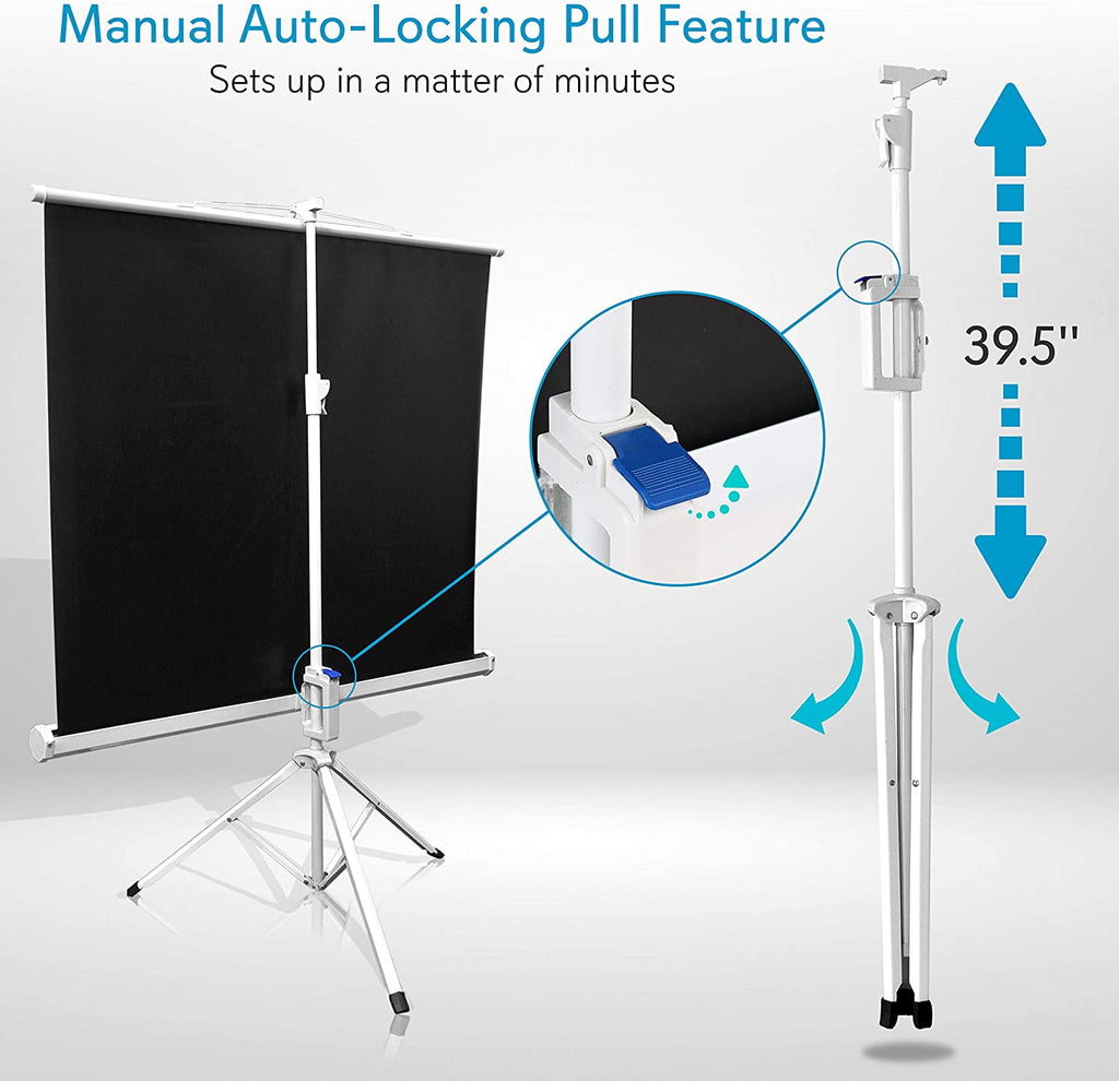 Pyle Portable Projector Screen Tripod Stand - Mobile Projection Screen, & Easy Pull Assemble System