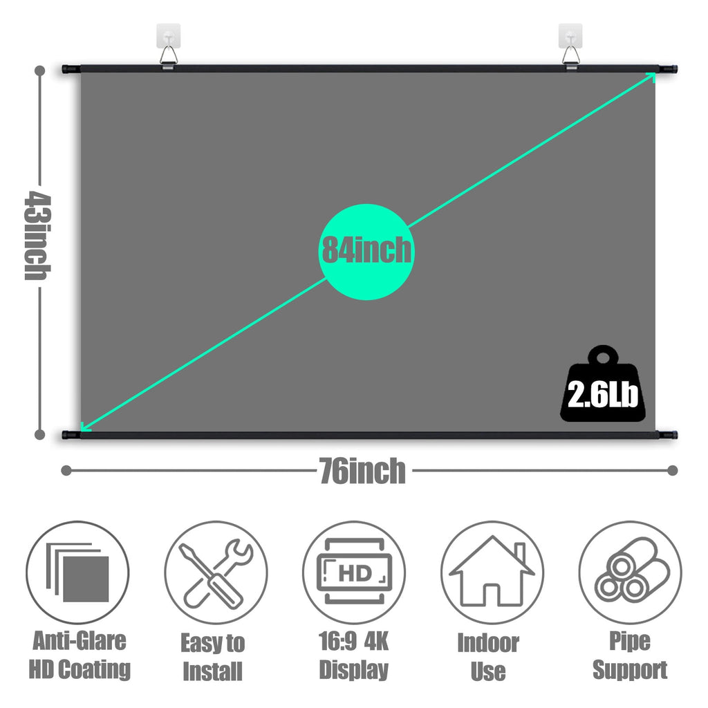 XIAOHUI 84 inch Projector Screen for Indoor Outdoor, Portable Hanging Projection Screen for Home Theater Movie Nights, 16:9 HD 4K