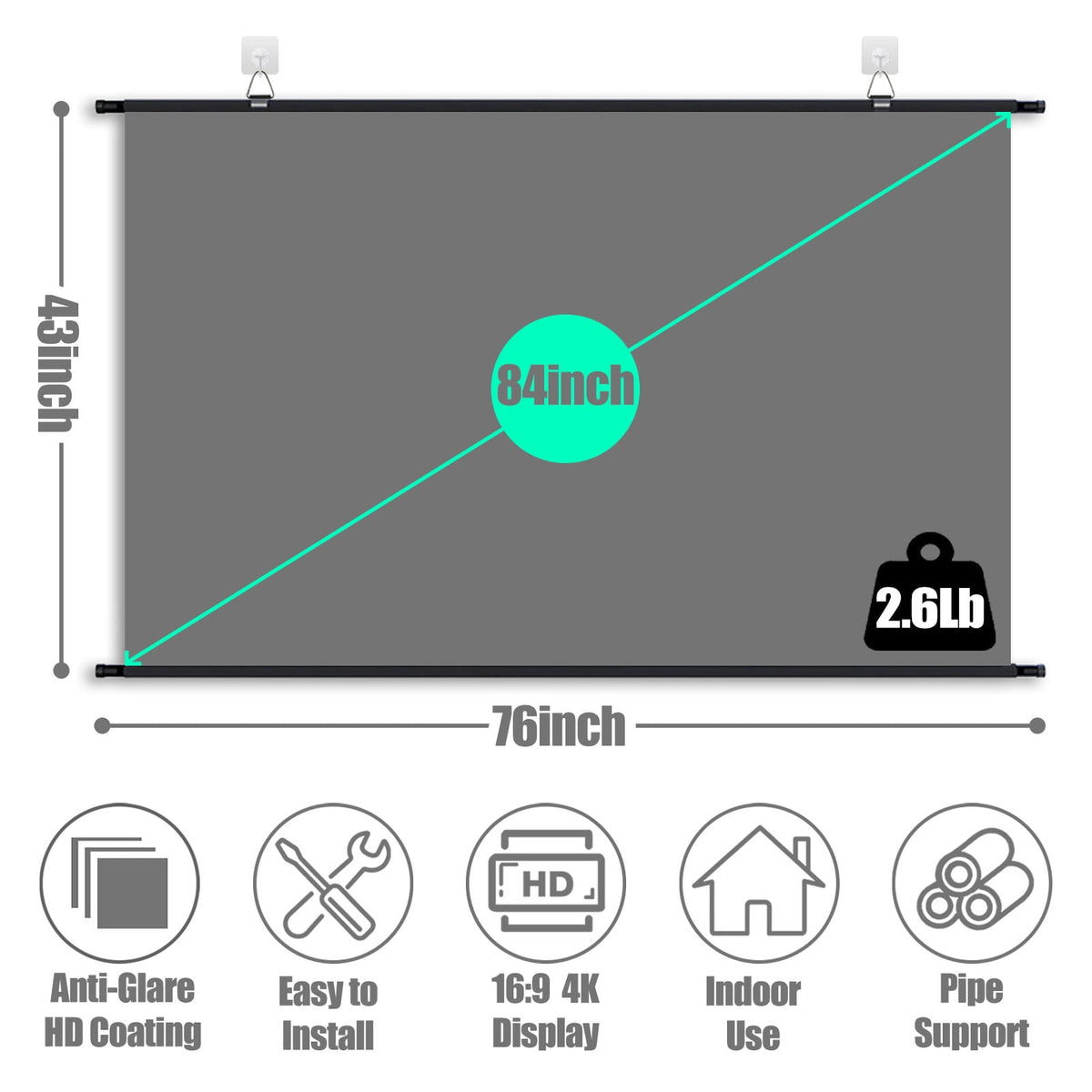 XIAOHUI 84 inch Projector Screen for Indoor Outdoor, Portable Hanging Projection Screen for Home Theater Movie Nights, 16:9 HD 4K