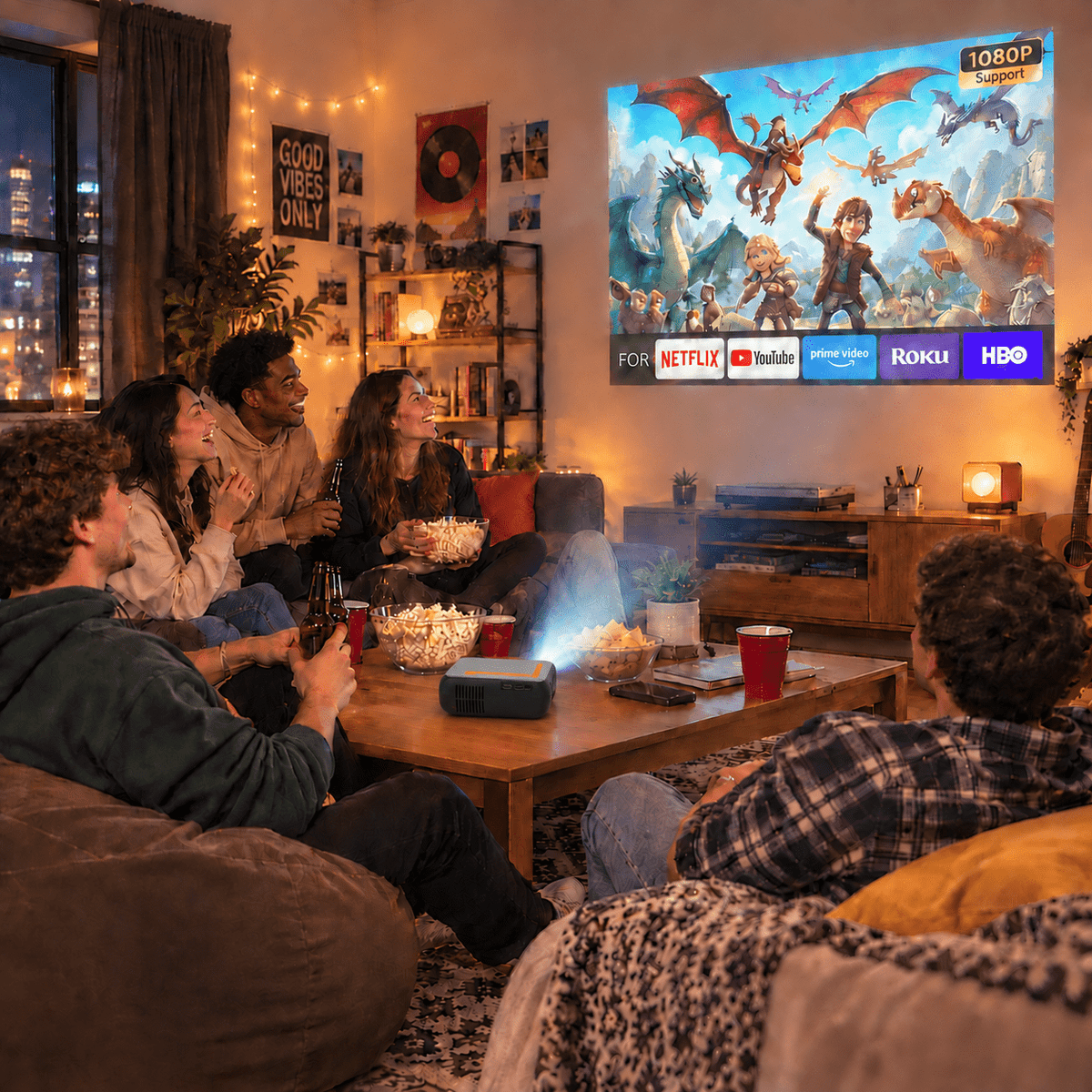 Vamvo Portable Projector with WiFi, 1080P Mini Movie Projector with 200 in Display, HDMI and USB, Built-in Speaker for Phone, Laptop, TV Stick and Game Console