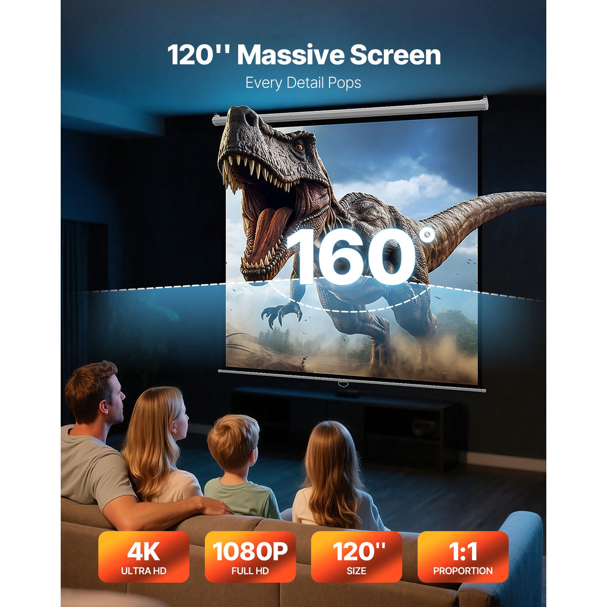 KFFKFF Manual Pull-Down Projector Screen, 120-Inch 1:1 Ratio, 4K and 1080 HD Compatible, Wall-Mounted Retractable Screen with Pull Cord, Portable Display for Home, Office, or Theater Use