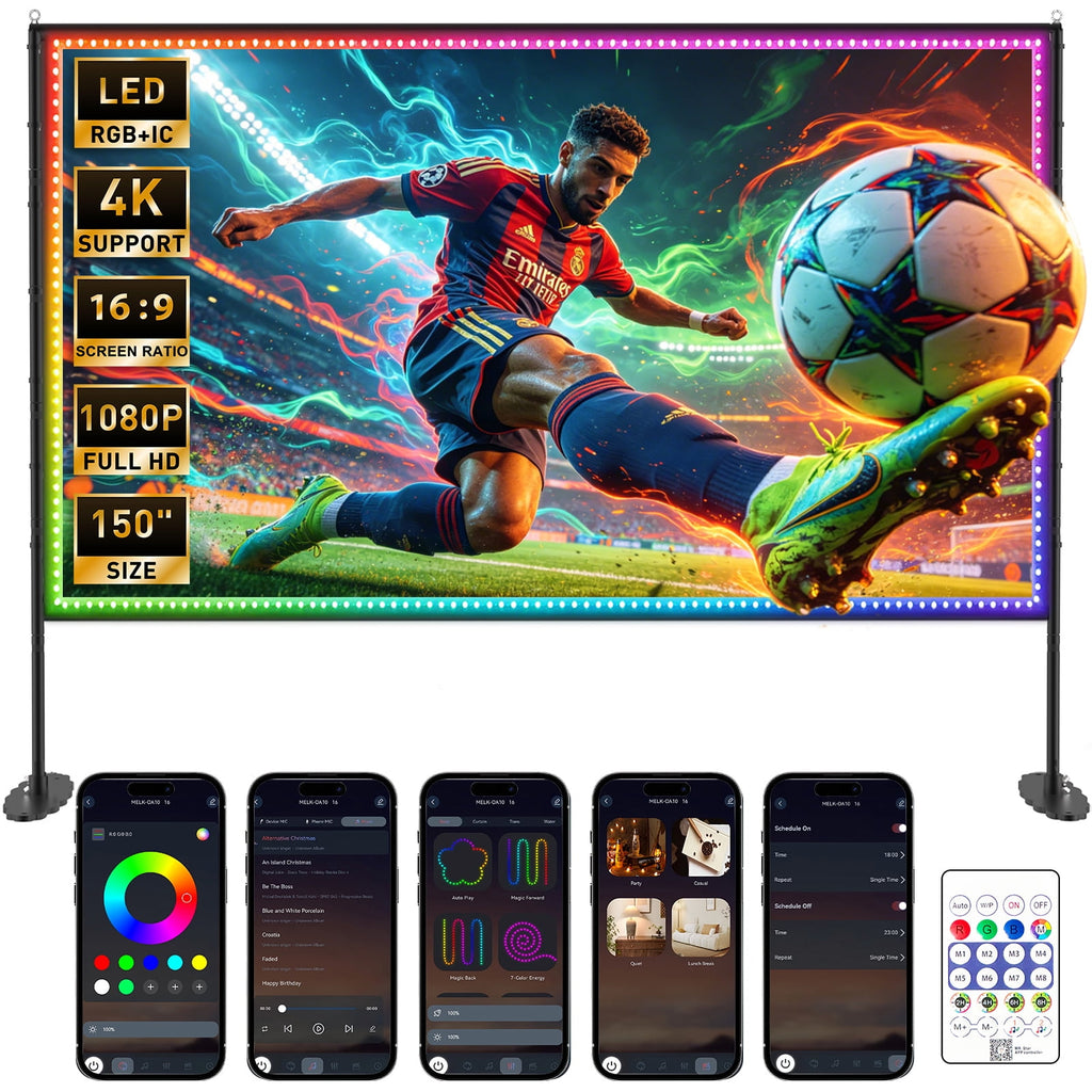 150 Inch Projector Screen with LED Strip & Smart LED Lights 4K Ultra HD Wrinkle-Free Projection Screen with 160° Wide Viewing Angle, Perfect for Ball Games, Sports Matches, TV Shows, Movies & Indoor