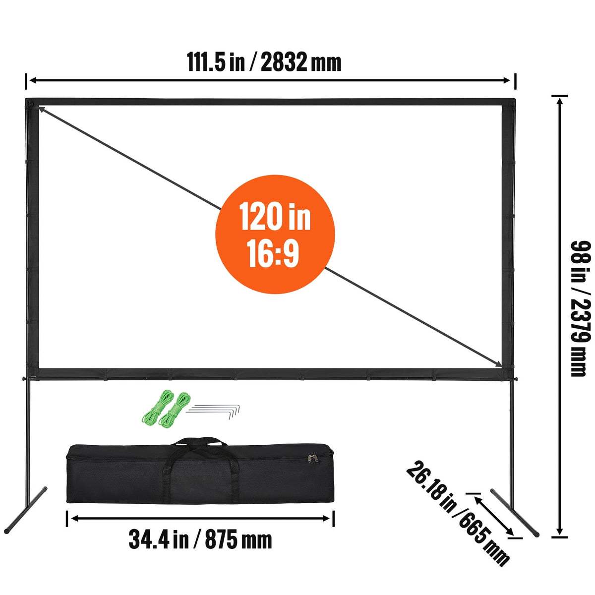 VEVOR Projector Screen with Stand, 120 inch 16:9 4K 1080 HD Outdoor Movie Screen with Stand, Wrinkle-Free Projection Screen with Bar Feet and Carry Bag, for Home Theater Cinema Backyard Movie Night