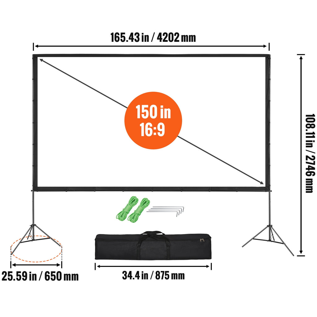 SKYSHALO 150" Projector Screen, 4K Portable Movie Screen, HD, 16:9, Perfect for Home Theater, Outdoor, Indoor