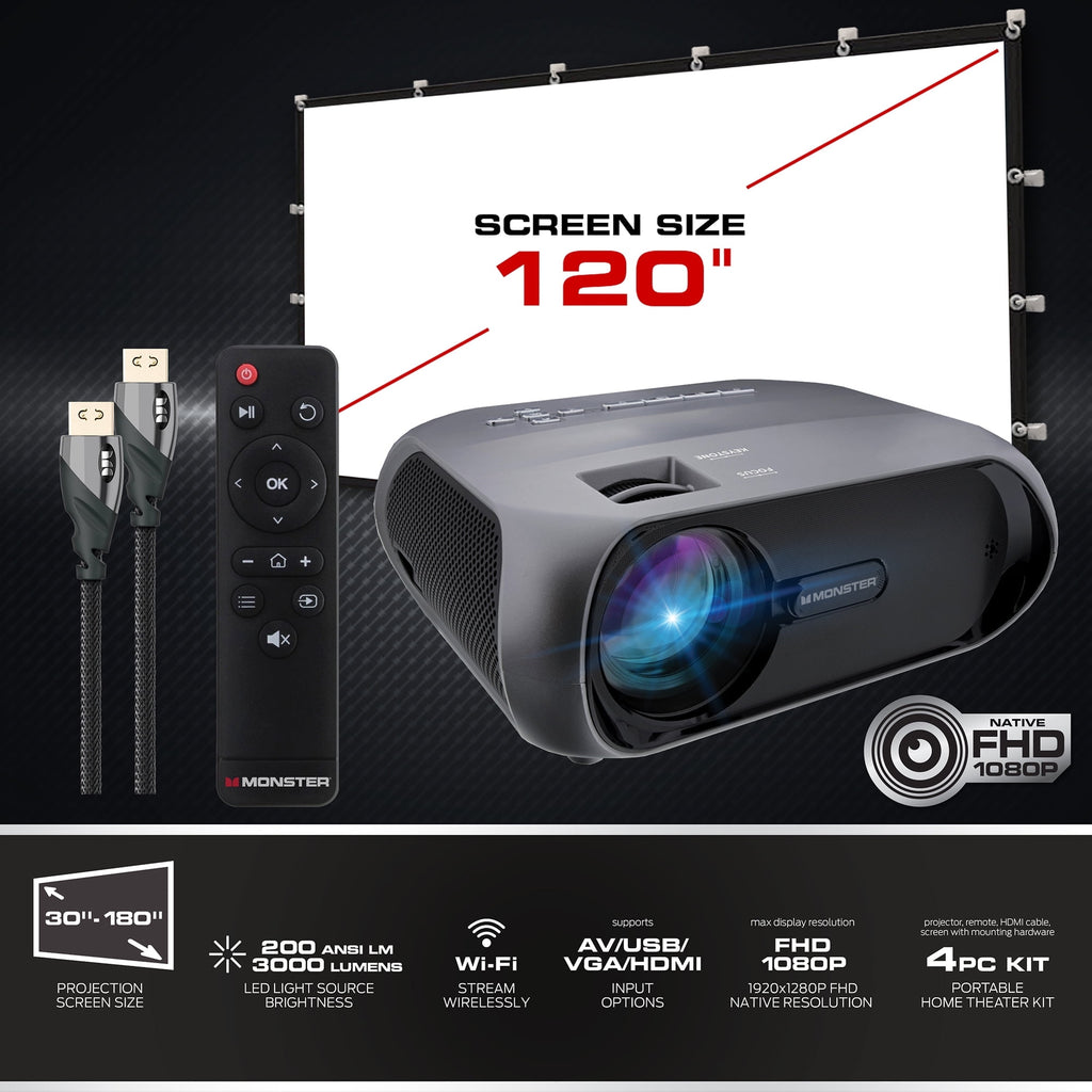 Monster Vision Wireless 1080p FHD TFT LCD Image Stream Projector with 120 inch Screen 30000 H