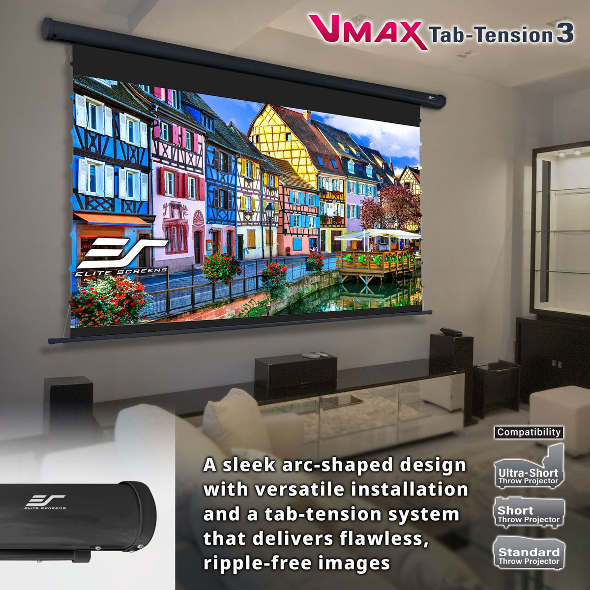 VMAX Tab-Tension3, 125"Diag,16:9,High-Contrast Gray Front Projection Electric 4K UHD Screen, VMAXT125UCH3