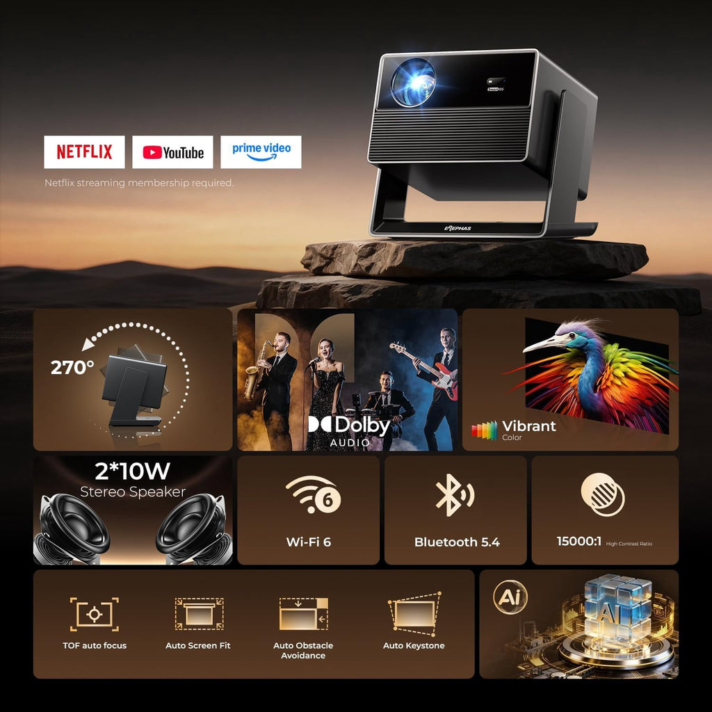 ELEPHAS Smart 4K Projector with WiFi and Bluetooth - Compatible with Prime Video/YouTube, 270° Rotatable, AI Auto Focus & Keystone, Portable Home Theater Movie Projector for Indoor Outdoor