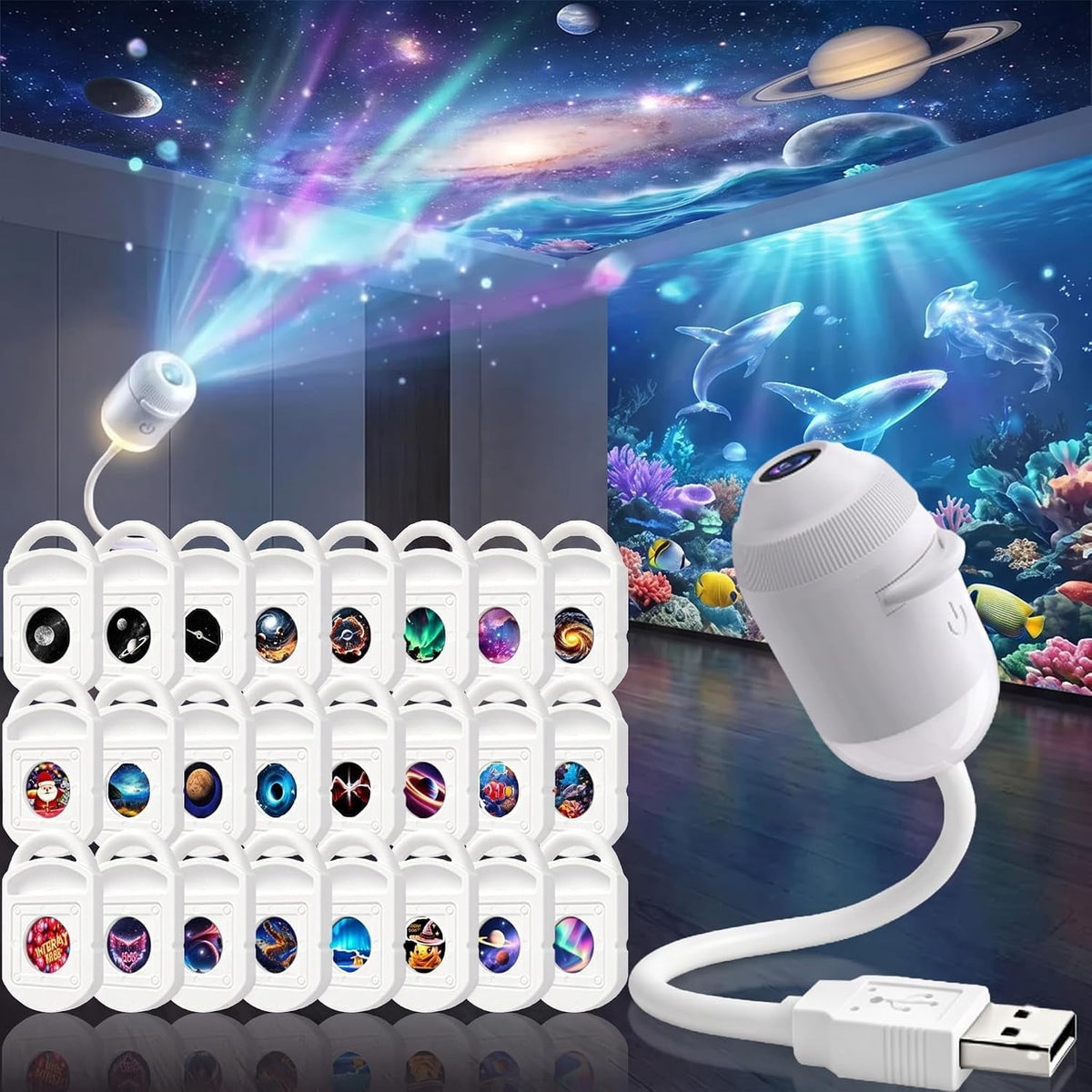 2-in-1 Holographic Galaxy Night Light, Hd 5d Star & Ocean Projector, 360° Static Ceiling Lamp, Usb Powered, Plug And Play