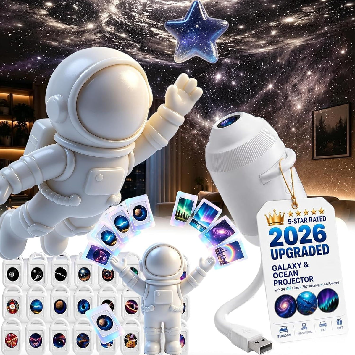 2026 Upgraded Plug and Play Hd Star Projector with 12 Films, Hd Smart Dynamic 5D Holographic Night Light Projector, 2-in-1 Galaxy Star Projector, 360 Rotating, USB Powered (with 12 Films)
