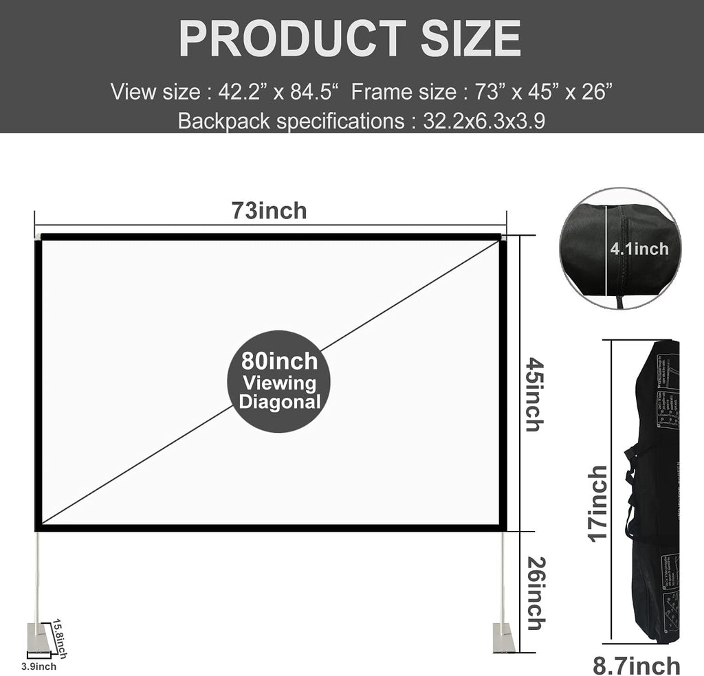 HOIN 80 inch 4K Portable Projector Screen Outdoor with Stand,16:9 Anti Crease Foldable Movie Screen