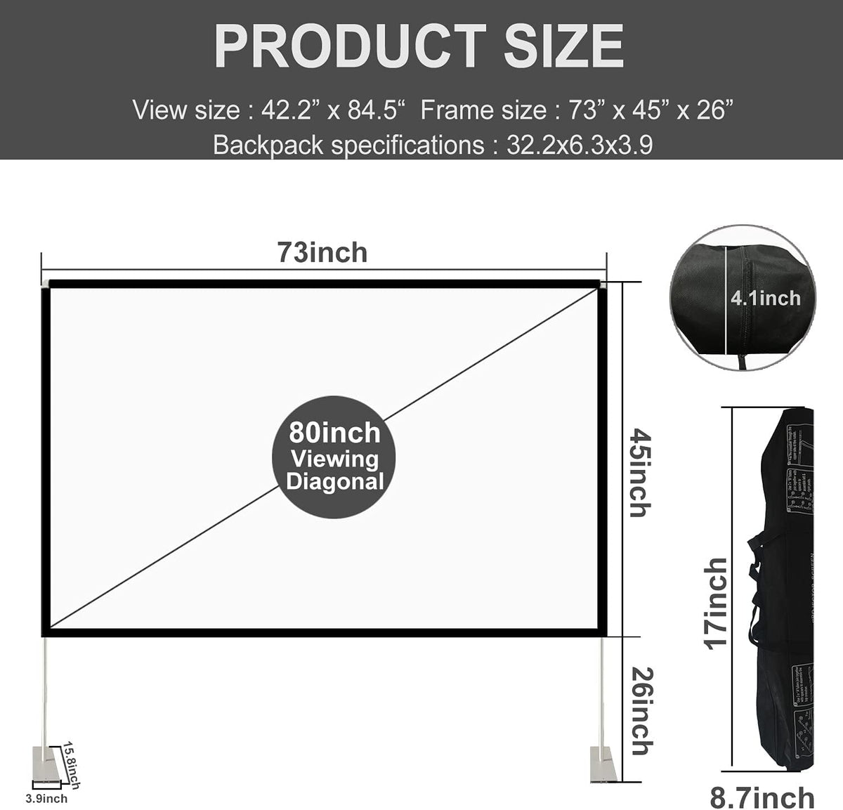 HOIN 80 inch 4K Portable Projector Screen Outdoor with Stand,16:9 Anti Crease Foldable Movie Screen