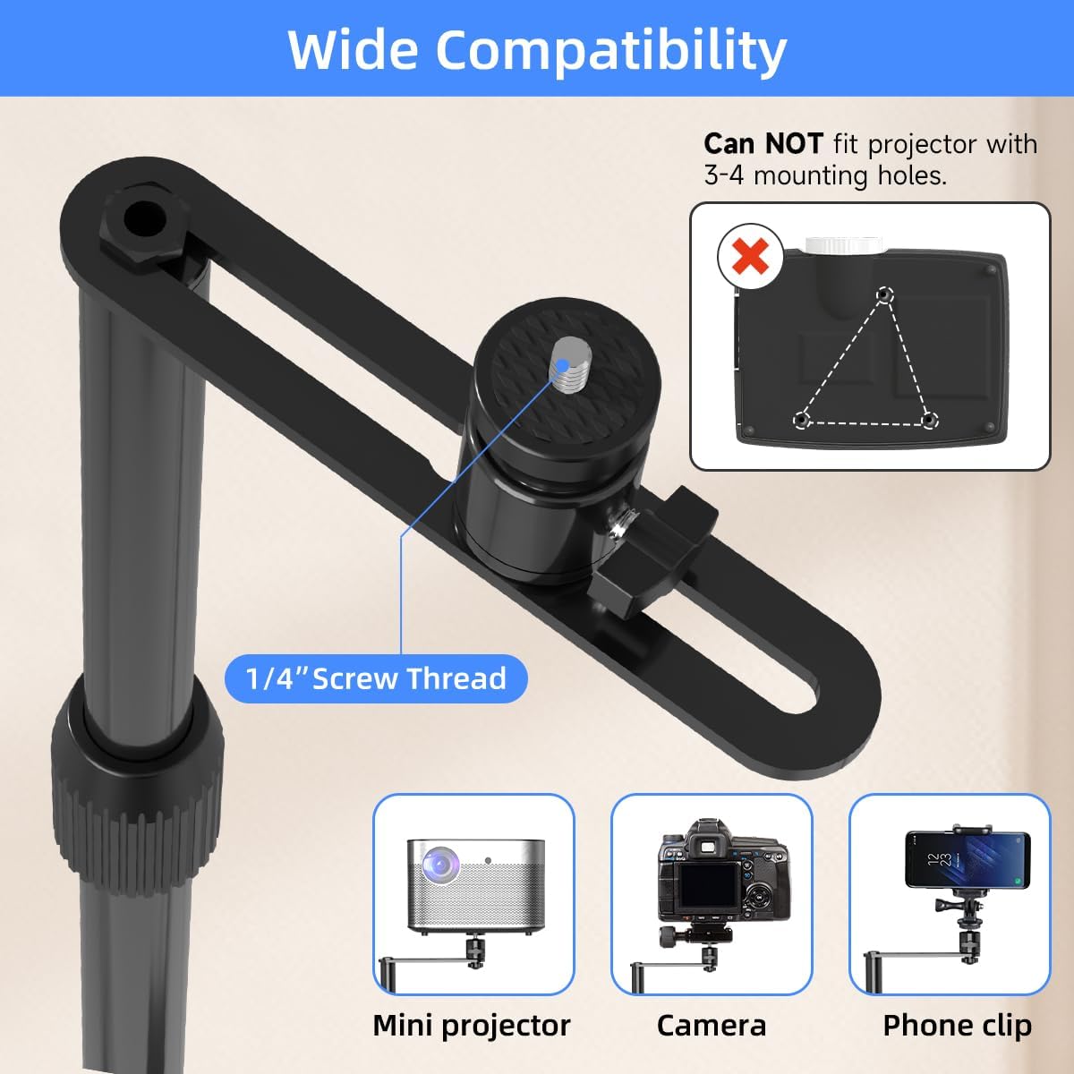 Projector Stand Against Wall Hidden Stand, 360°Swivel, Height Adjustable, Mini Projector Mount Bracket,