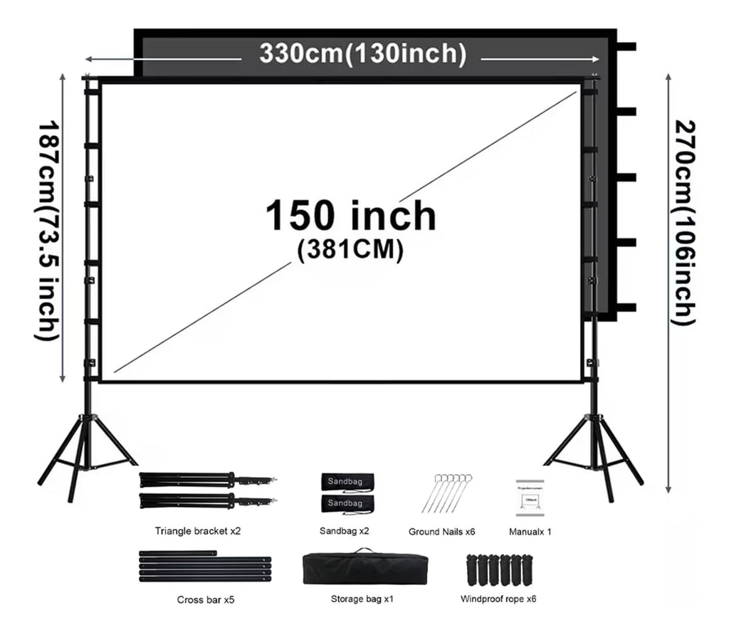 HVKDIEB 150 Inch Outdoor Projector Screen with Stand, 4K HD Portable Movie Screen, Black Backing Milk Silk Fabric, Indoor Outdoor Theater