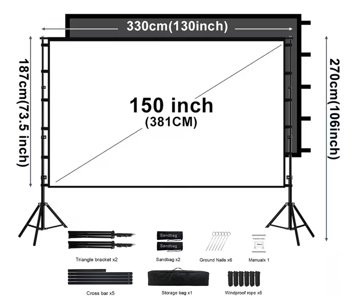 HVKDIEB 150 Inch Outdoor Projector Screen with Stand, 4K HD Portable Movie Screen, Black Backing Milk Silk Fabric, Indoor Outdoor Theater