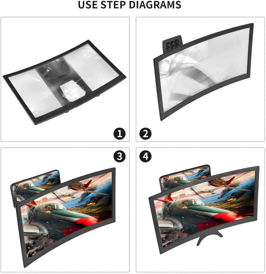Qishi 12'' 3D Curved Screen Magnifier for Mobile Phone, HD Magnifier Projector Screen Enlarger for Videos, Movies, Games, Foldable Phone Stand with Screen Amplifier, Compatible with All Smartphones