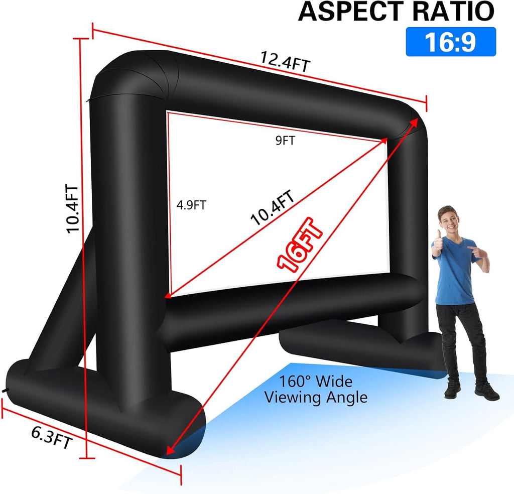 16 Feet Inflatable Movie Screen Outdoor, Projection Screen with Air Blower, Tie-Downs and Storage Bag - Easy Set up, Blow Up Screen for Backyard Movie Night, Theme Party