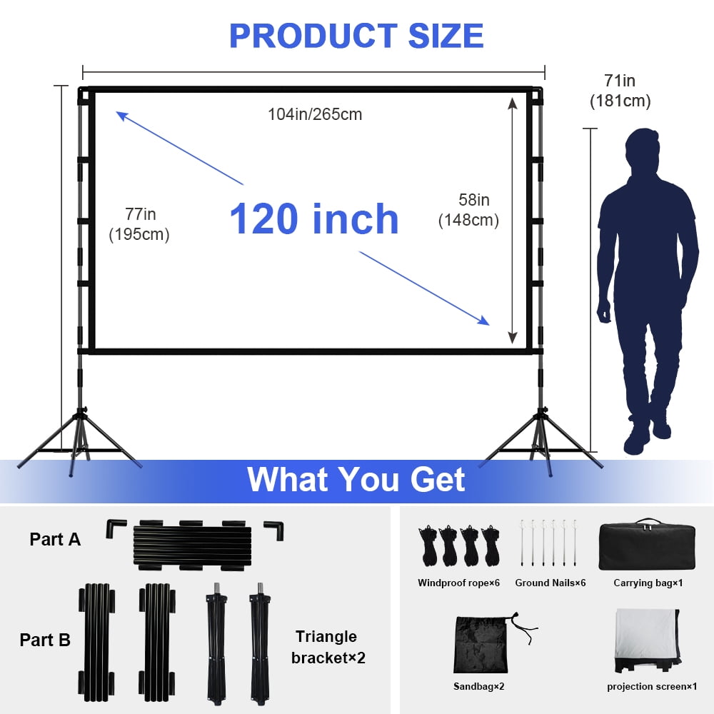 HVKDIEB Projector Screen with Stand,100 Inch 16:9 HD 4K Indoor Outdoor Projection Cinema Screen
