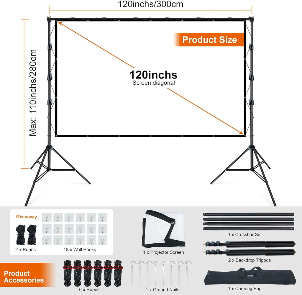 LINCO 120in Projector Screen Stand with Project Stand for 4K HD 16: 9 Screen Wrinkle-Free with Carrying Bag -AM307T