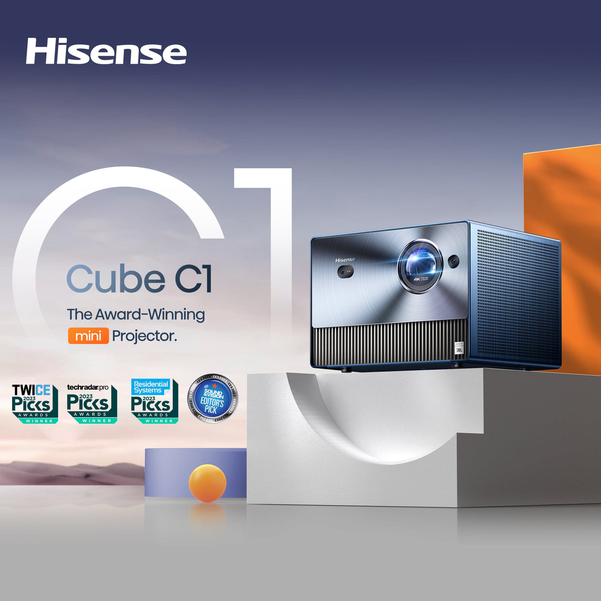 Hisense C1 Trichroma Laser 4K UHD Mini Projector with Dolby Vision, Dolby Atmos, & 1,600 Lumen Brightness