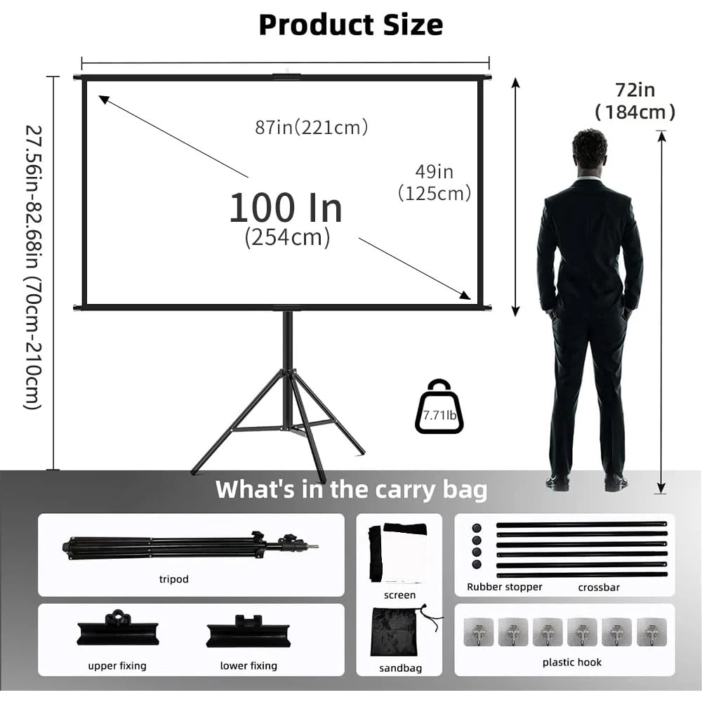 GAINVANE Projector Screen With Stand Foldable White Less Creases 100 inch Soft Double Sided Screen Home Theater Outdoor