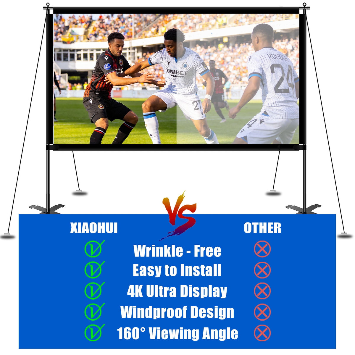 120inch Outdoor Projector Screen with Stand, 16:9 4K HD Portable Projector Screen with Carry Bag, Indoor Movie Projection Screen for Backyard, Camping, Home Theater