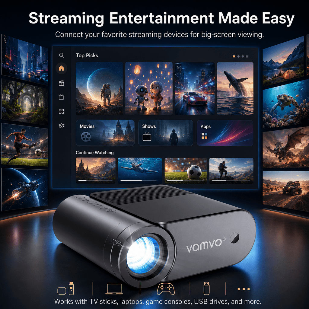 Vamvo Portable Projector with WiFi, 1080P Mini Movie Projector with 200 in Display, HDMI and USB, Built-in Speaker for Phone, Laptop, TV Stick and Game Console