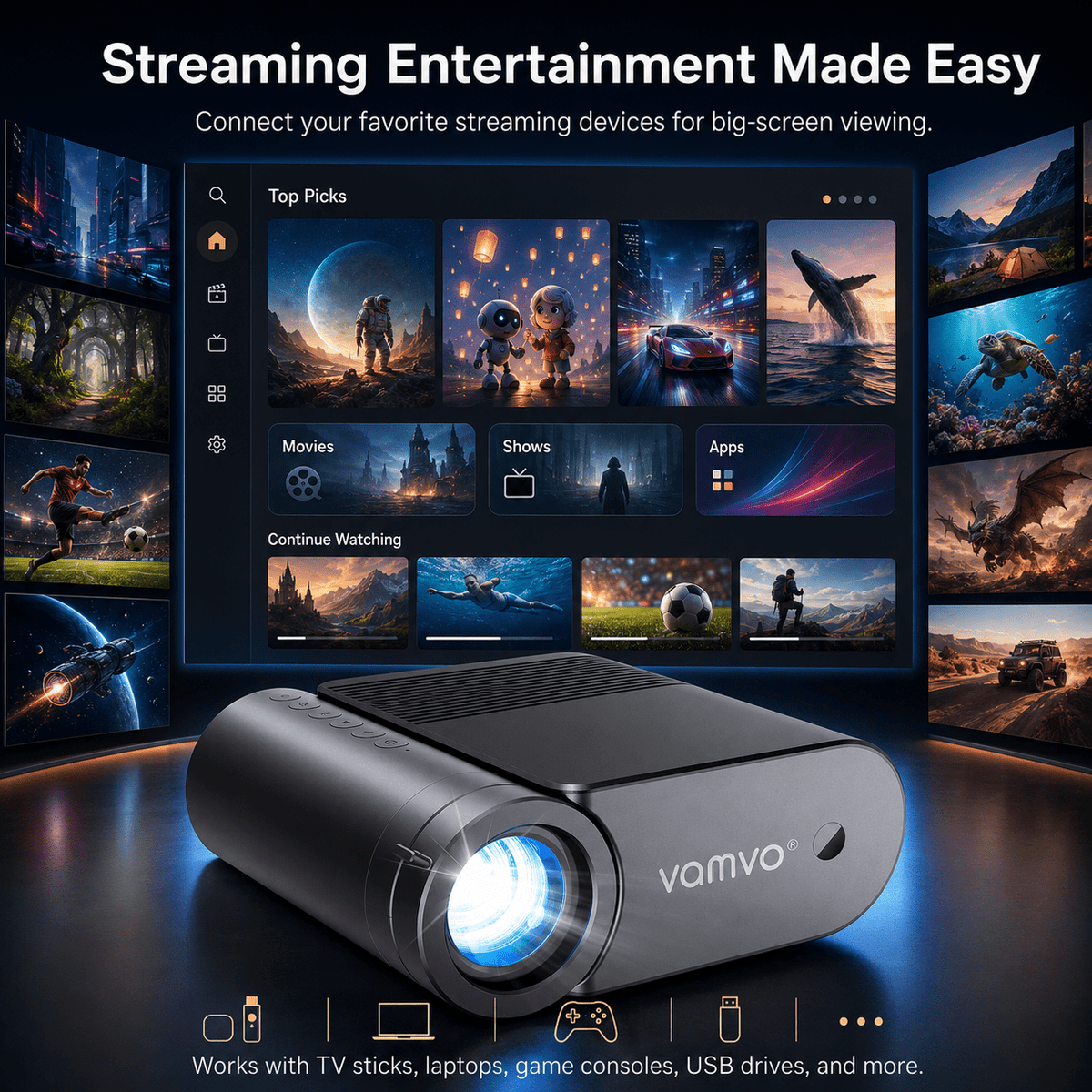Vamvo Portable Projector with WiFi, 1080P Mini Movie Projector with 200 in Display, HDMI and USB, Built-in Speaker for Phone, Laptop, TV Stick and Game Console