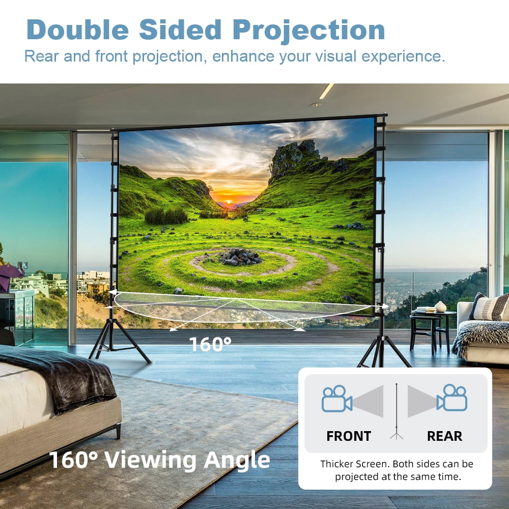 GAINVANE Projector Screen with Stand,100 inch 16:9 4K 3D Indoor Outdoor Movie Screen,Wrinkle Resistant,Suitable for Home Theater Movies Night
