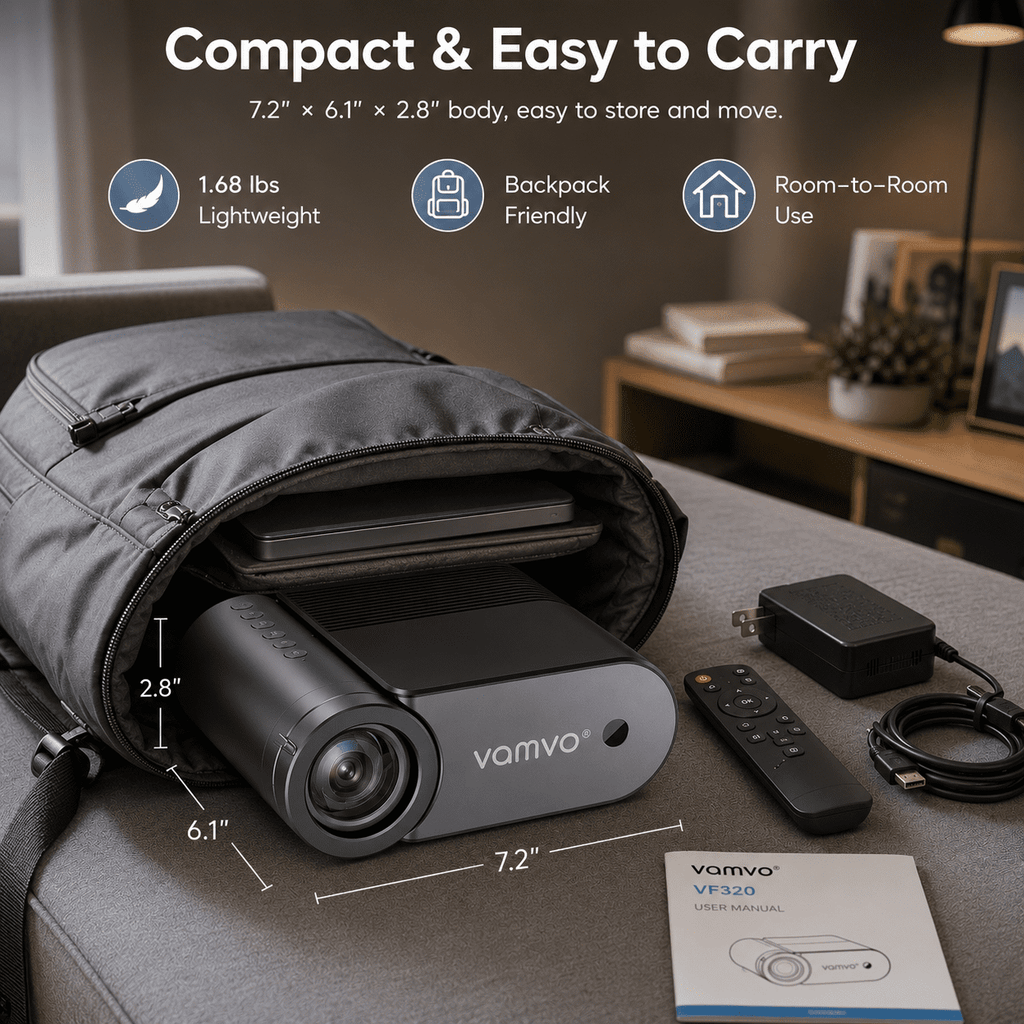 Vamvo Portable Projector with WiFi, 1080P Mini Movie Projector with 200 in Display, HDMI and USB, Built-in Speaker for Phone, Laptop, TV Stick and Game Console