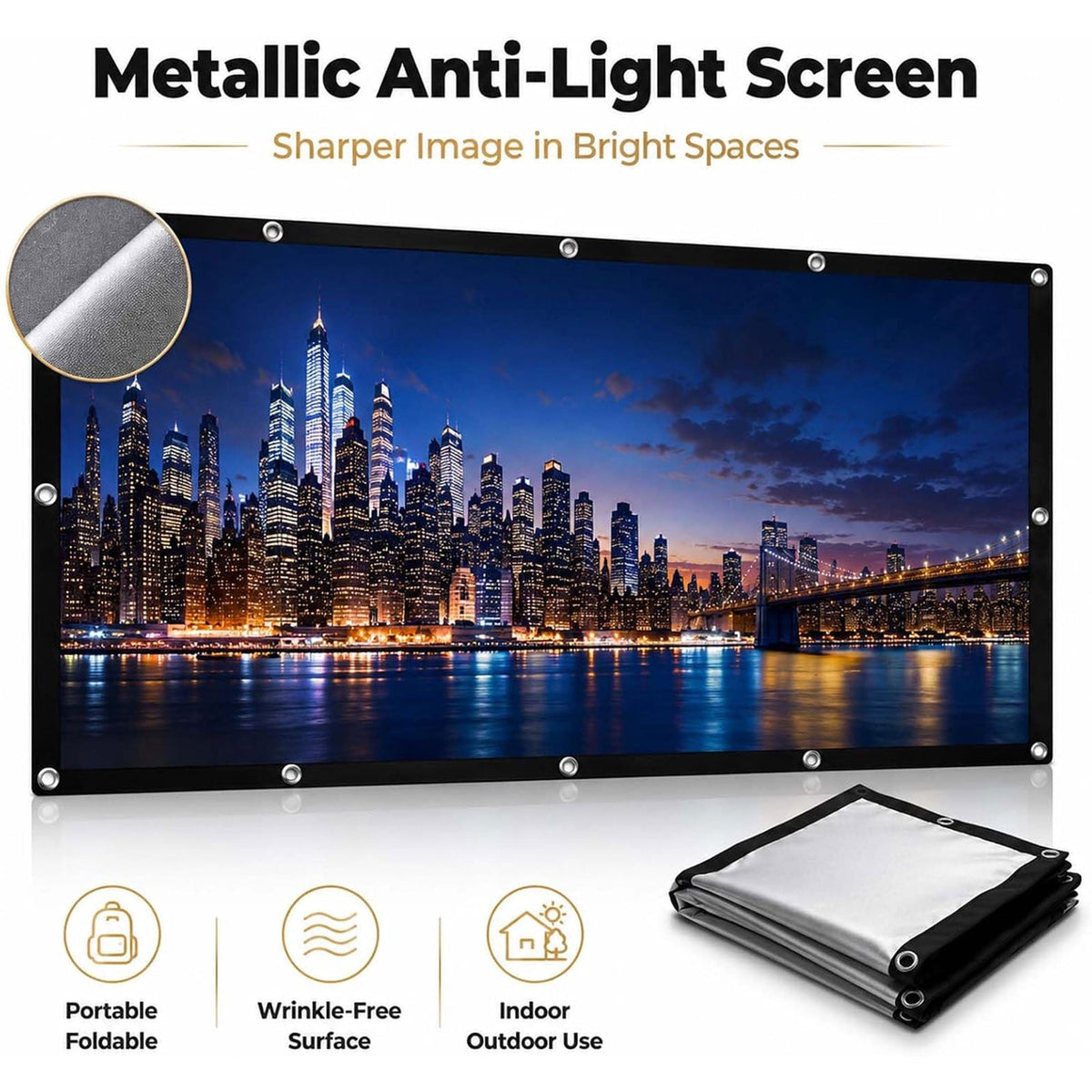 Metallic Anti-Light Projector Screen, 4K HD 16:9 ALR Projection Screen, Foldable Portable Outdoor Movie Screens, Wall Mount Display for Home Theater, Office and Camping,72in
